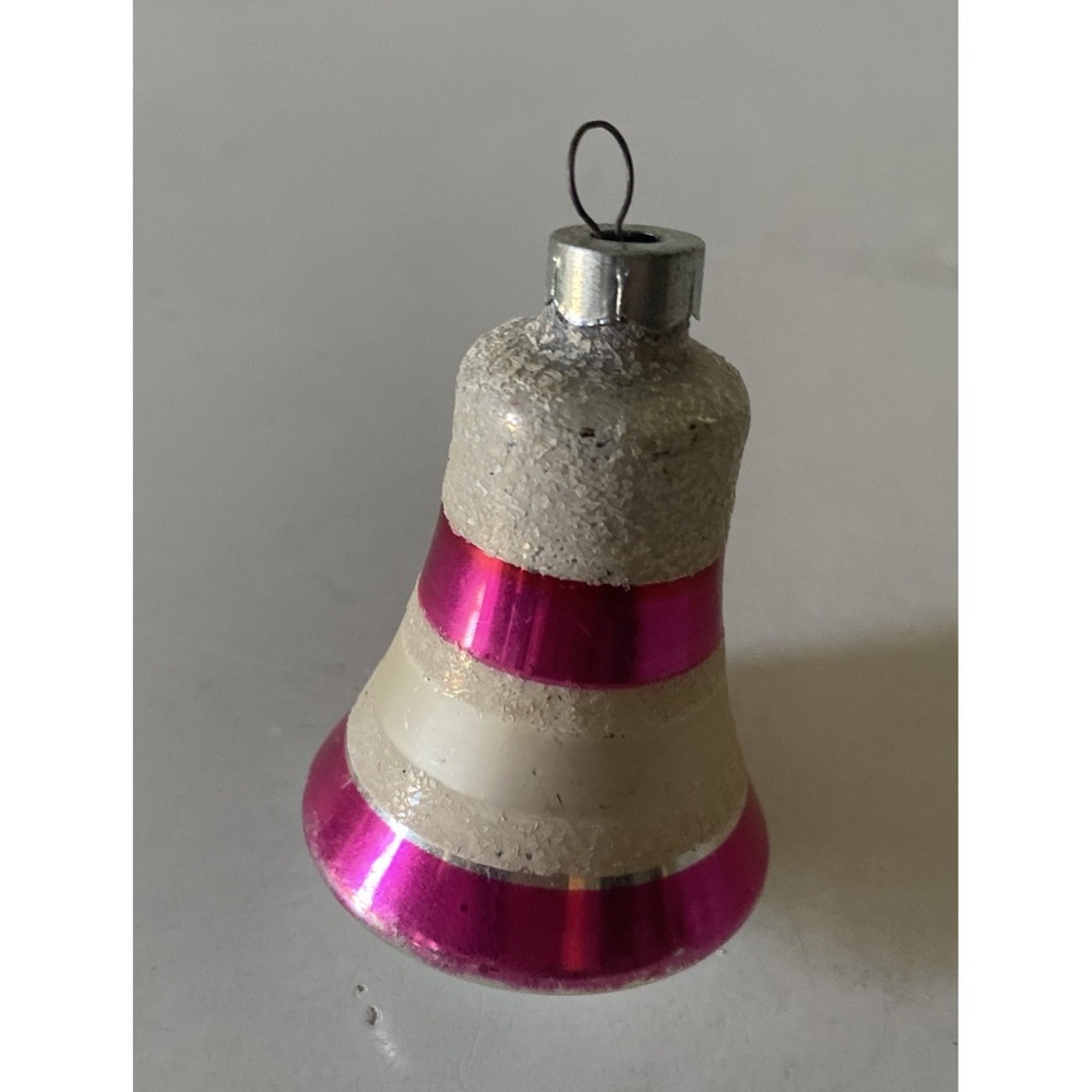 Vtg Shiny Brite silver Glitter Stripe Bell Mercury Glass Christmas Ornament